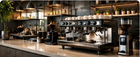 Modern coffee shop counter with espresso and beverage equipment
