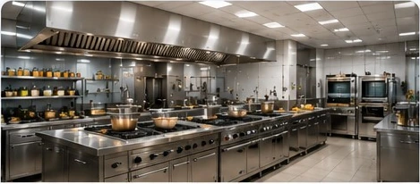 Professional restaurant kitchen equipment and stainless steel work areas