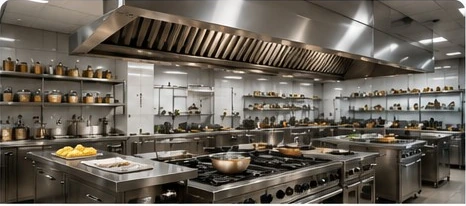 Modern commercial restaurant kitchen with professional cooking equipment